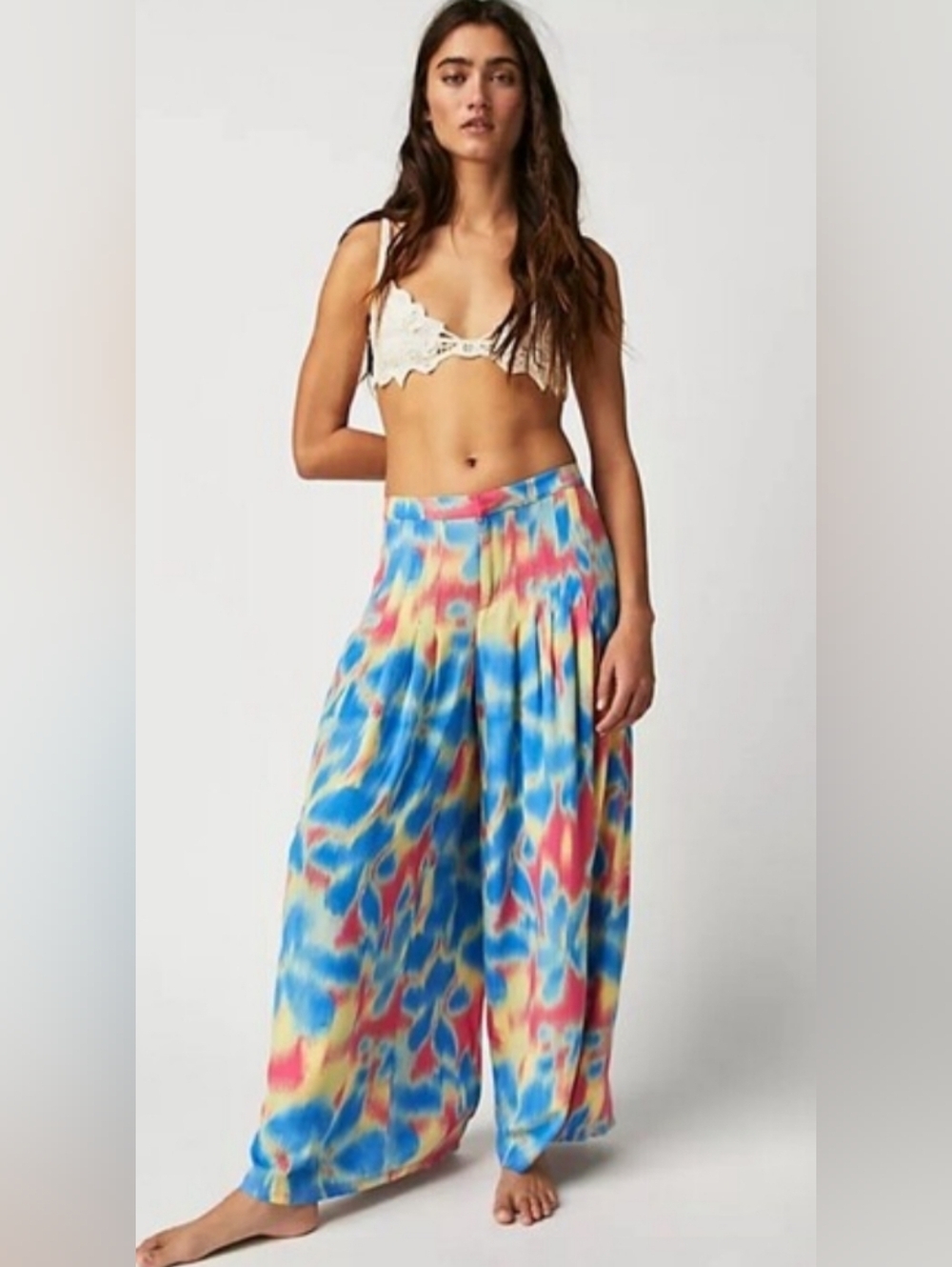 Free People Women Pants Wild Child Boho Pleated Color-block Trousers Sz Mediun/L